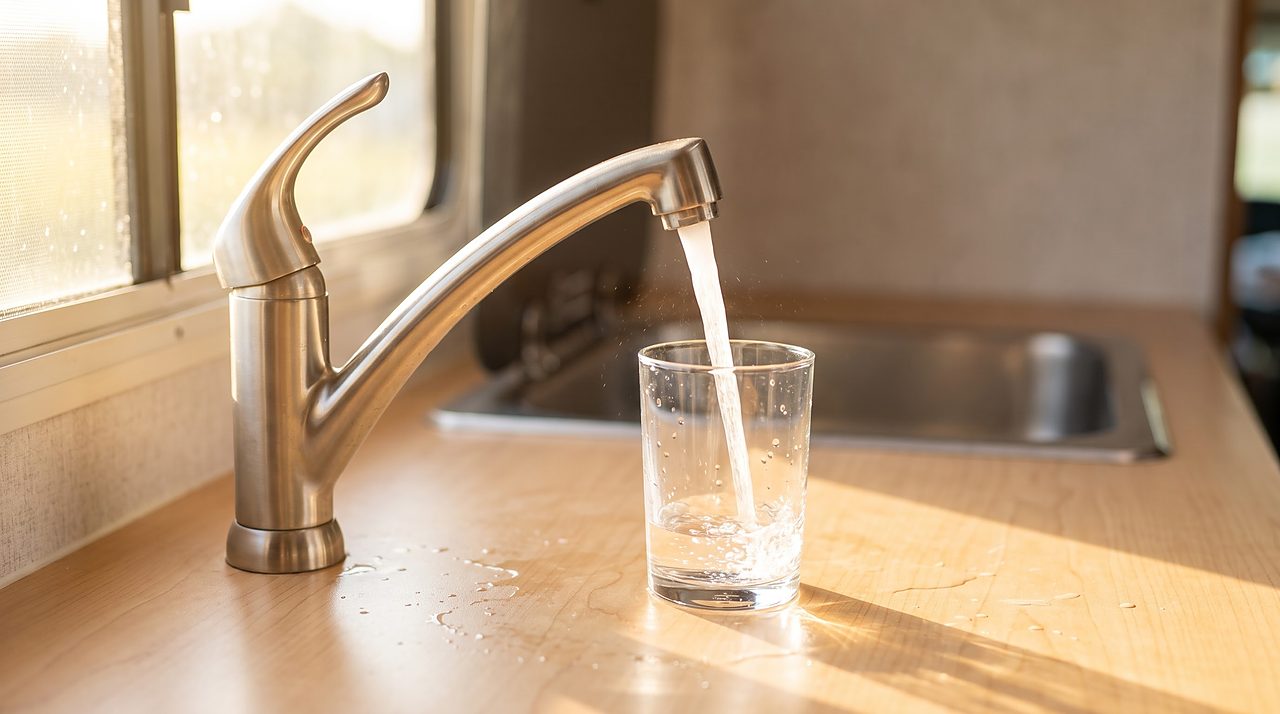 clear water filling a glass from an RV galley faucet during spring water system flushing