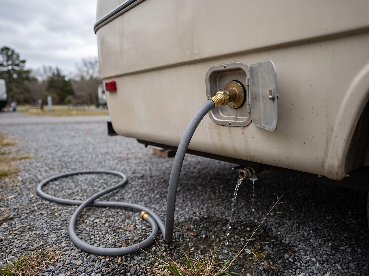 water flushing from an RV low-point drain valve during a spring water system flush