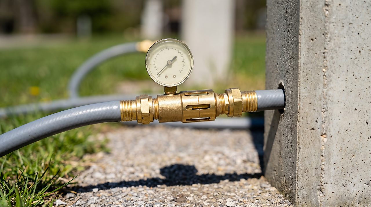 inline water pressure regulator with gauge connected before an RV city water hookup