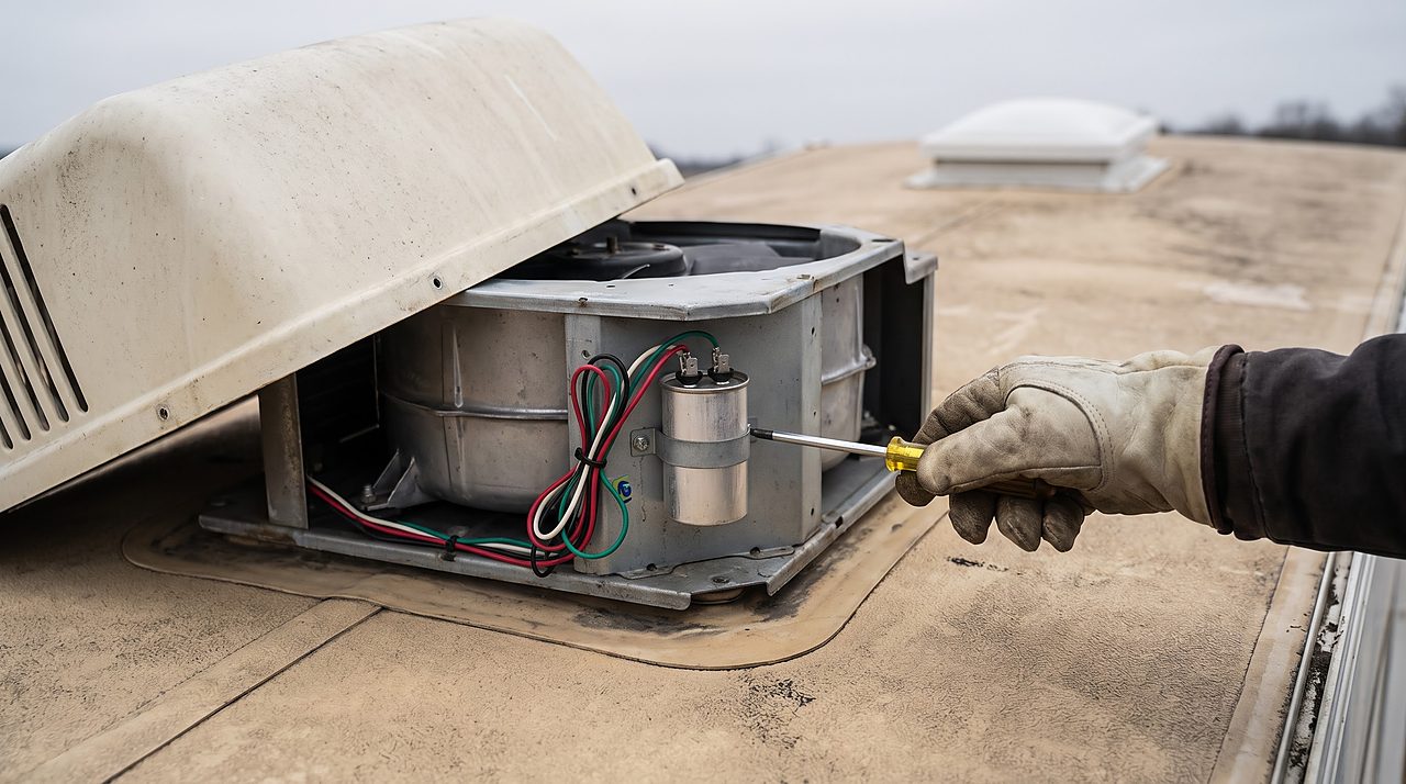 gloved hand carefully inspecting a rooftop air conditioner capacitor near the compressor
