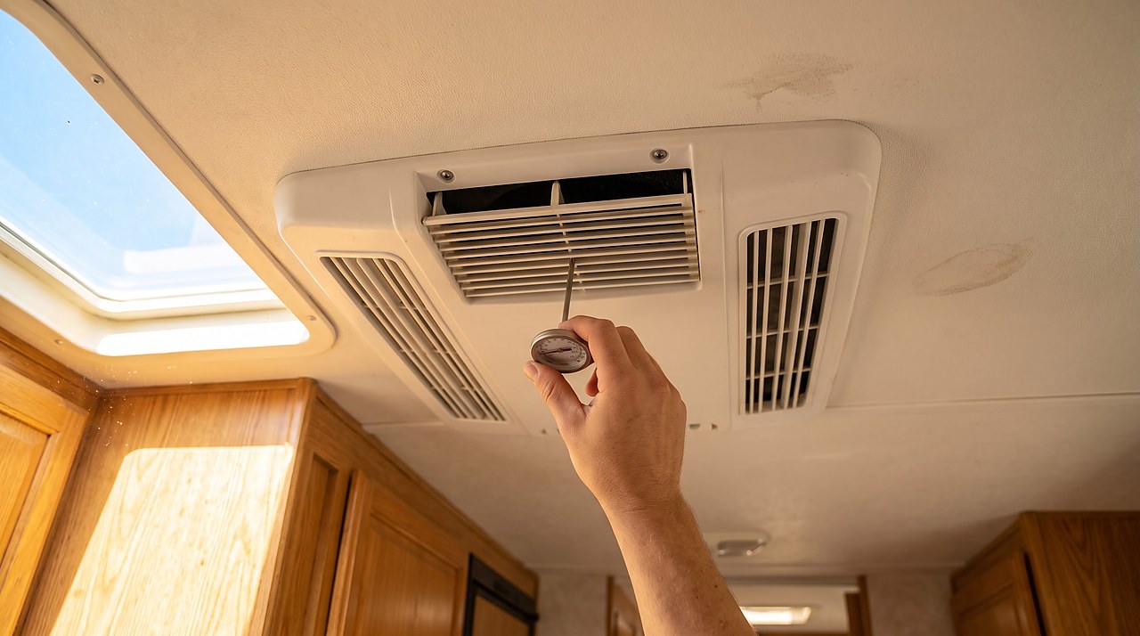 hand holding a thermometer at an RV rooftop air conditioner supply vent to check cooling