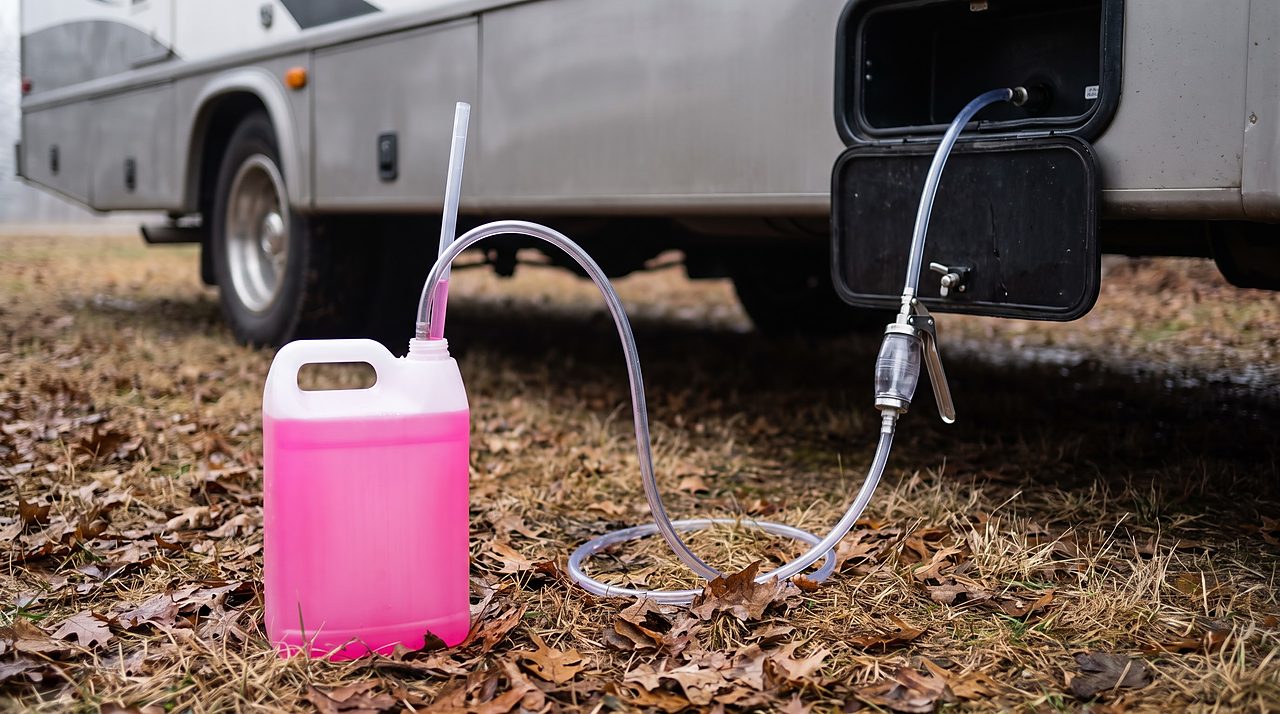 hand-priming pump drawing pink antifreeze from a jug toward an RV water line