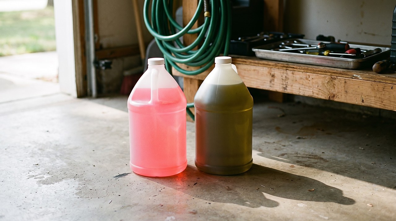 a pink jug of antifreeze beside a yellow-green jug on a garage floor