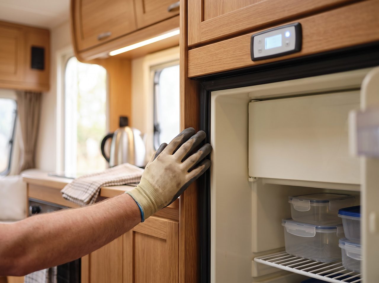 technician checking the door seal on a built-in RV absorption refrigerator