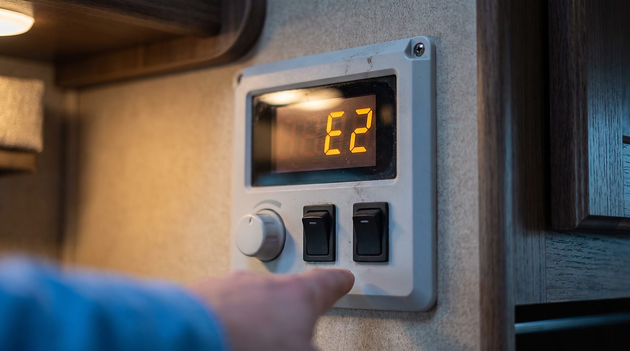 close-up of a glowing RV appliance control panel displaying a two-character fault code