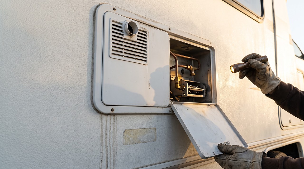 exterior access panel open on an RV tankless gas water heater during inspection