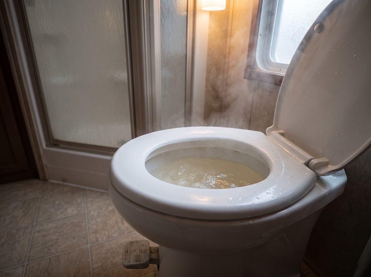 steaming hot water filling an RV toilet bowl during a tank soak