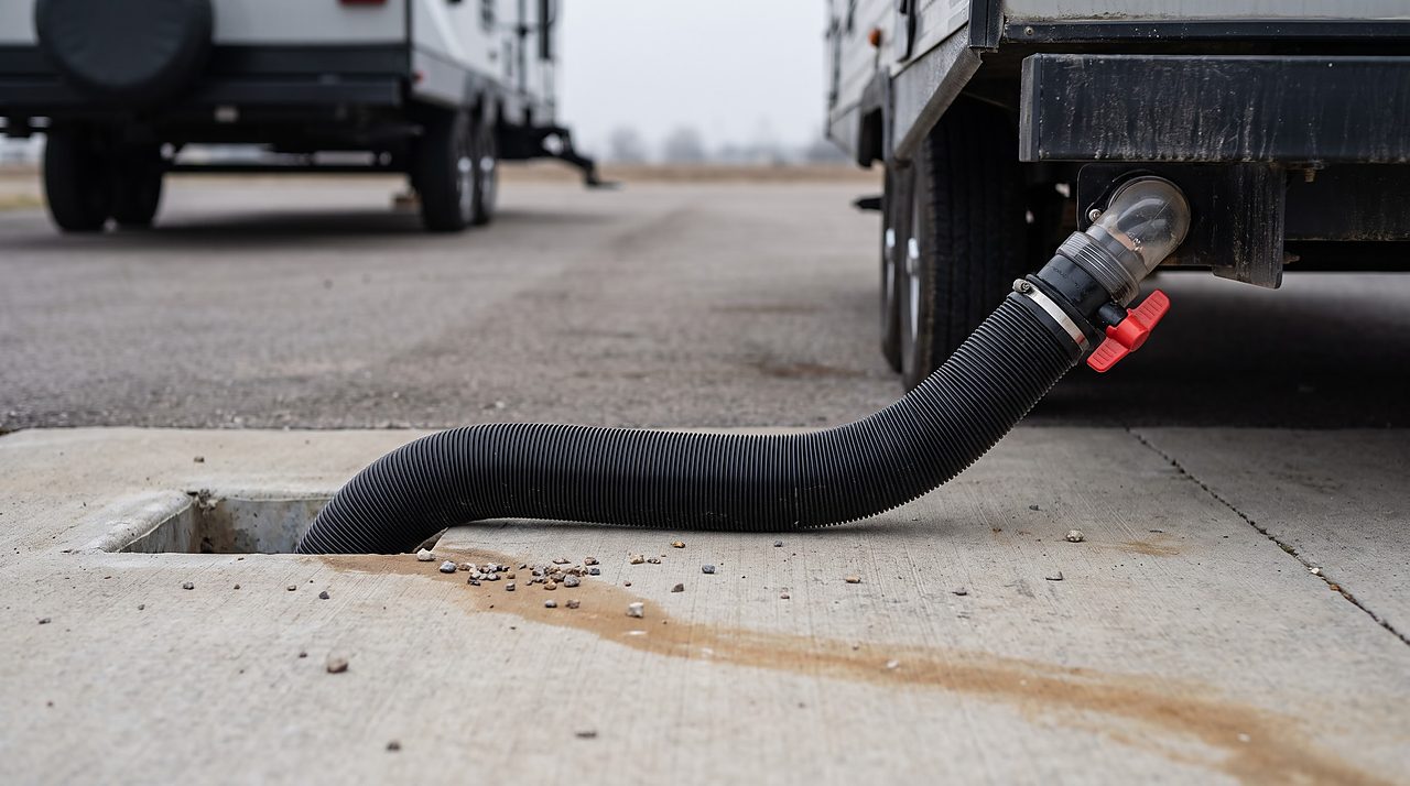 RV dump valve open but sewer hose shows no flow at a dump station