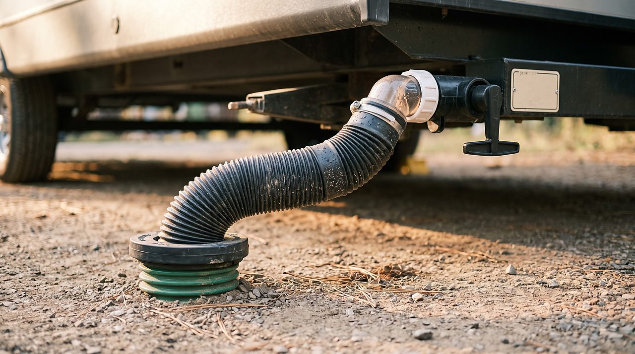 closed black tank dump valve handle connected to a sewer hose at a campsite