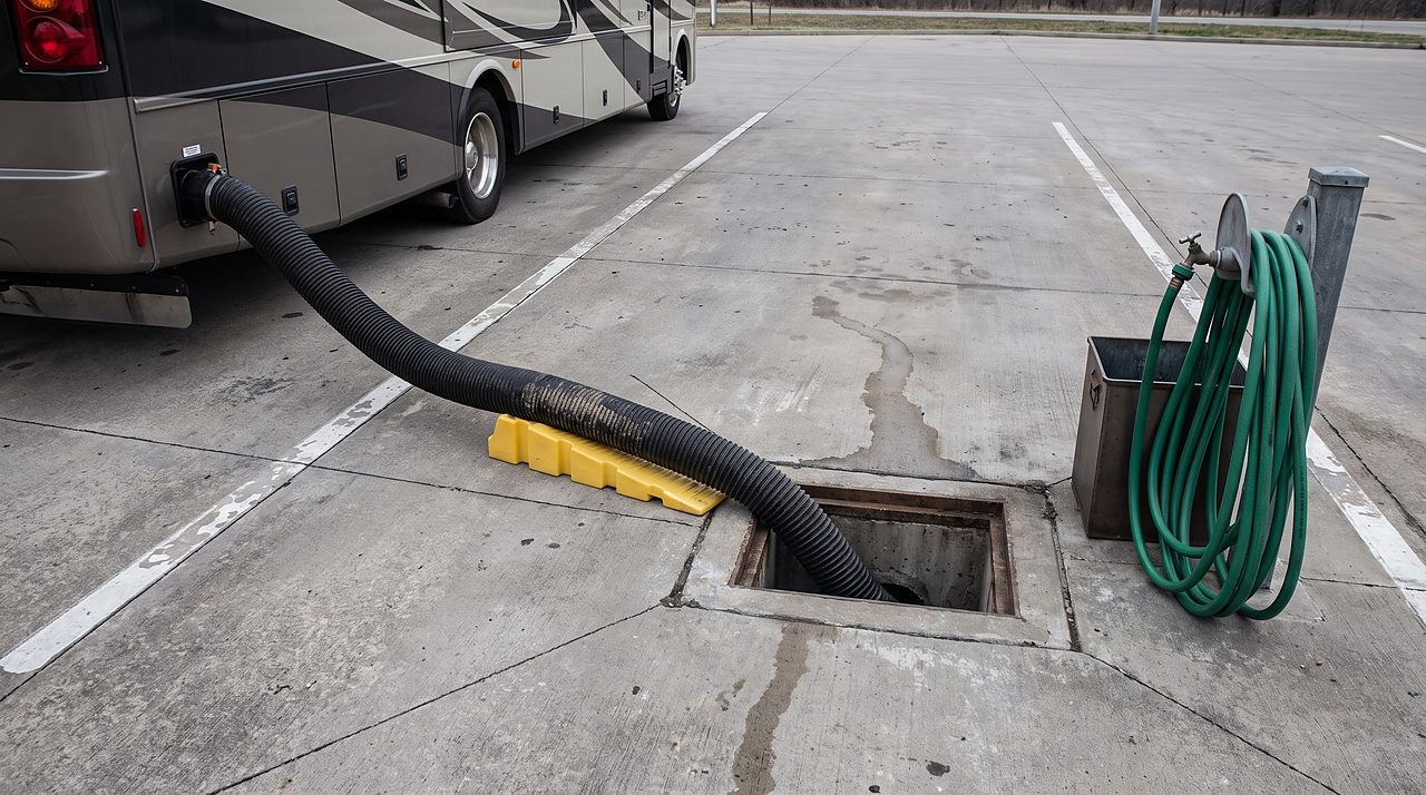sewer hose connected from an RV outlet to a dump station drain opening