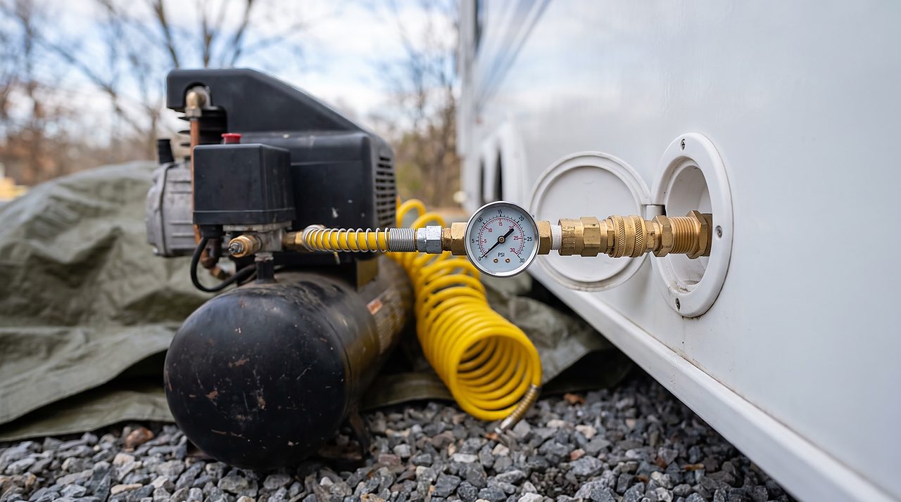 air compressor feeding a regulator and blow-out plug at an RV city water inlet