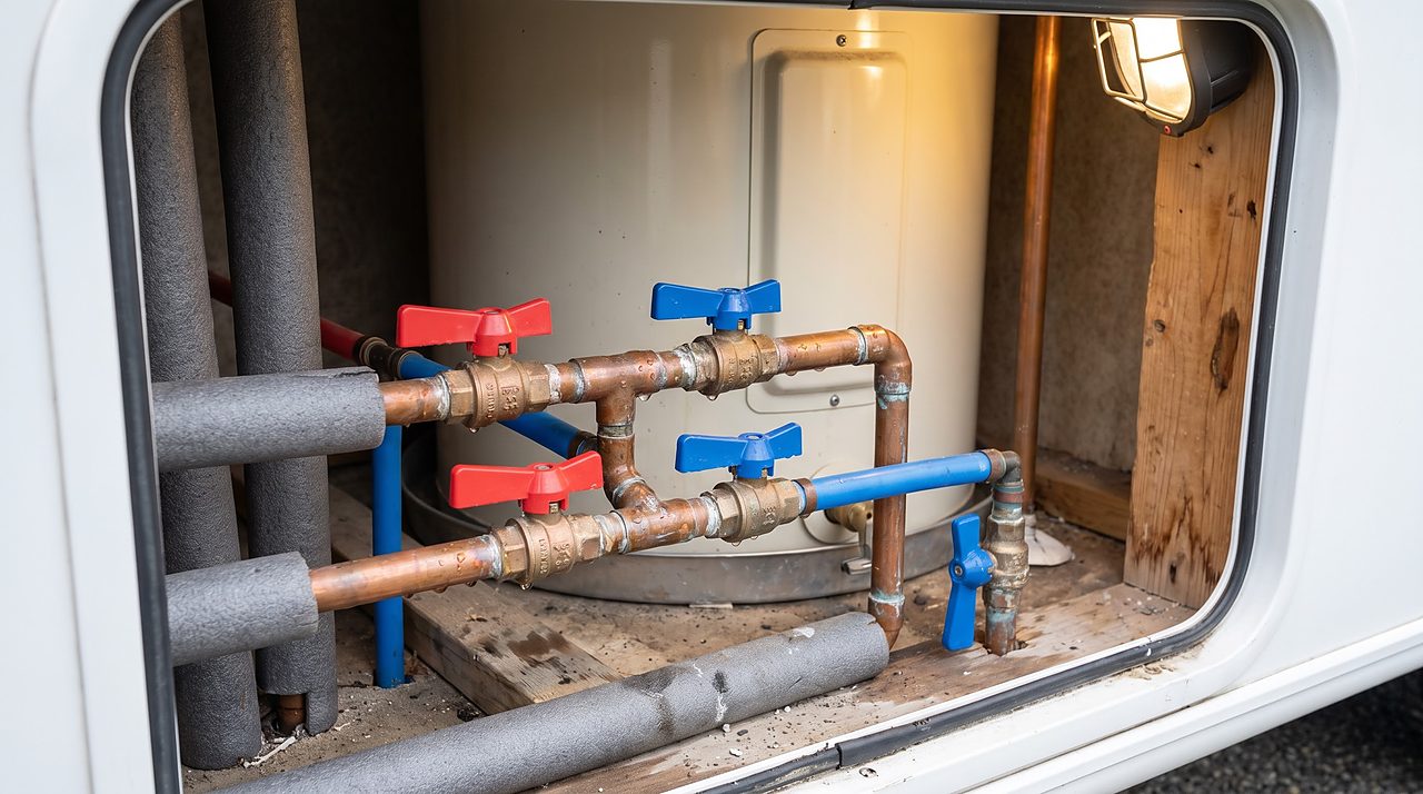 water heater bypass valves set to closed, isolating the tank from the line
