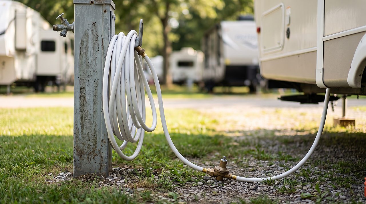 hose and pressure regulator connected between a campground spigot and RV city water inlet