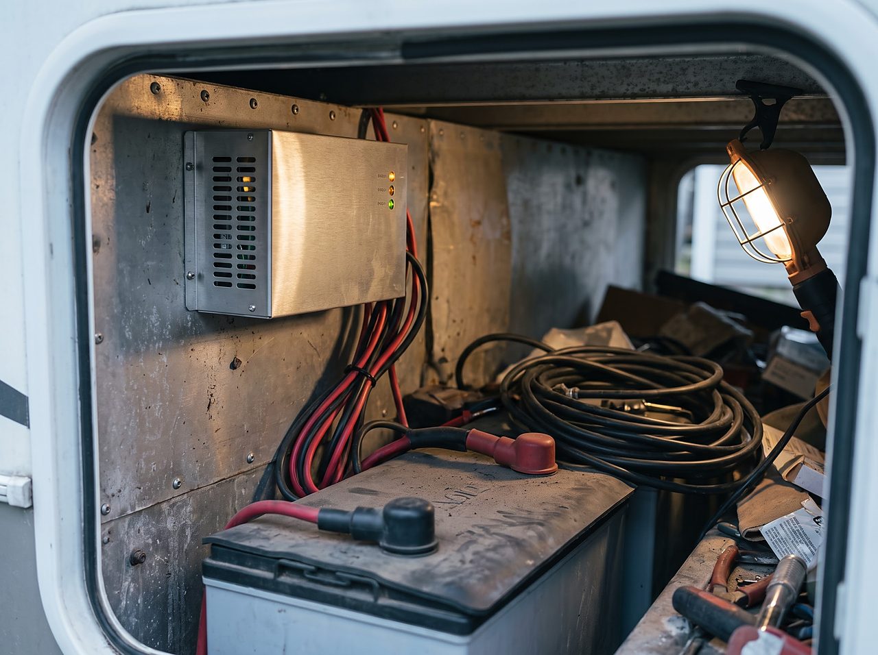RV power converter box wired to a house battery inside a storage bay