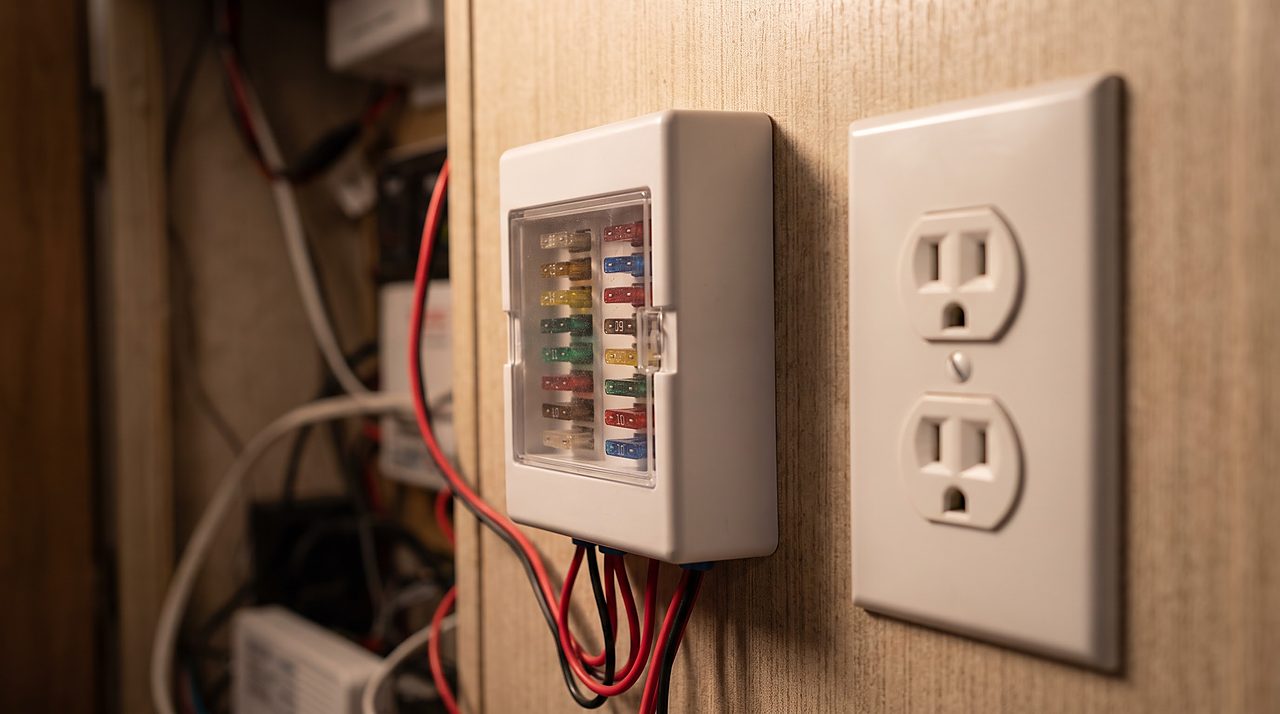 RV 12-volt fuse panel mounted beside a household-style 120-volt wall outlet