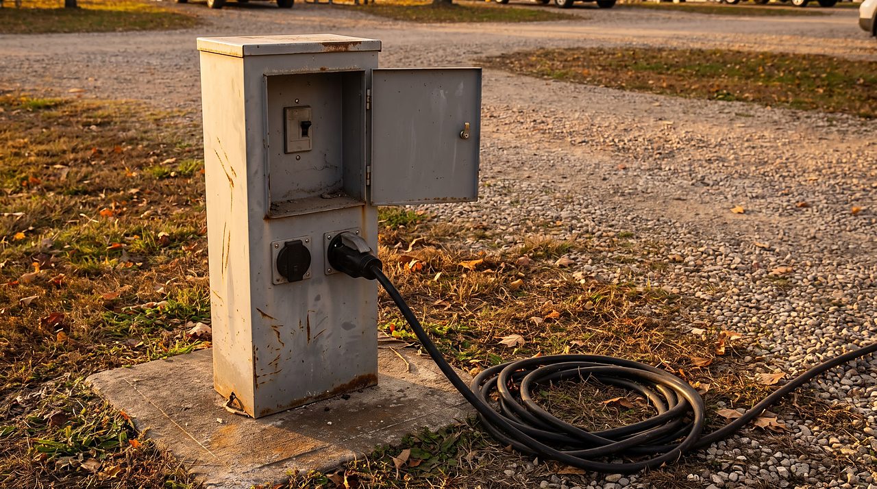 weathered campground shore power pedestal with a cord plugged in outdoors