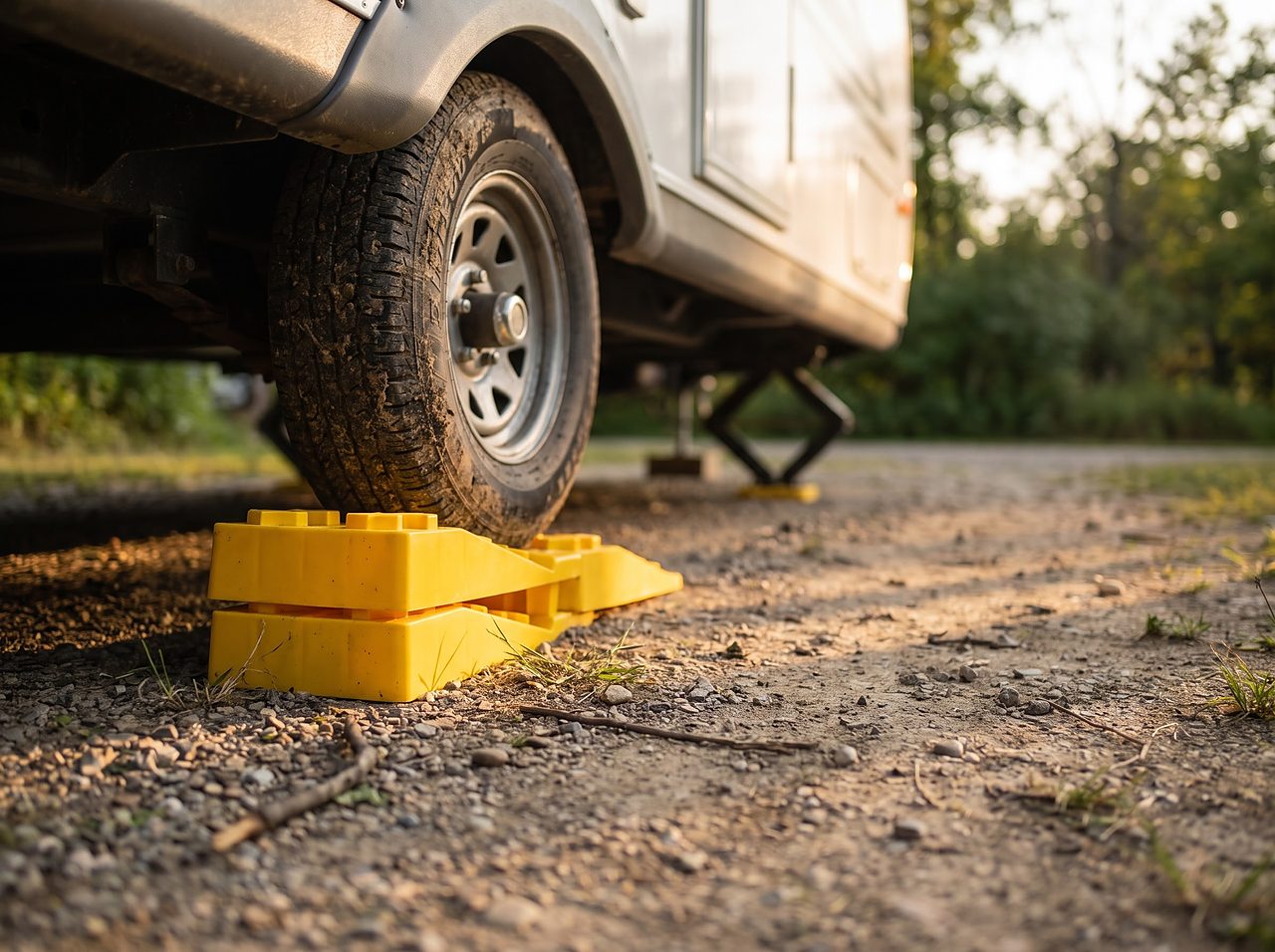 yellow leveling blocks stacked under a trailer tire to level the rig before camp