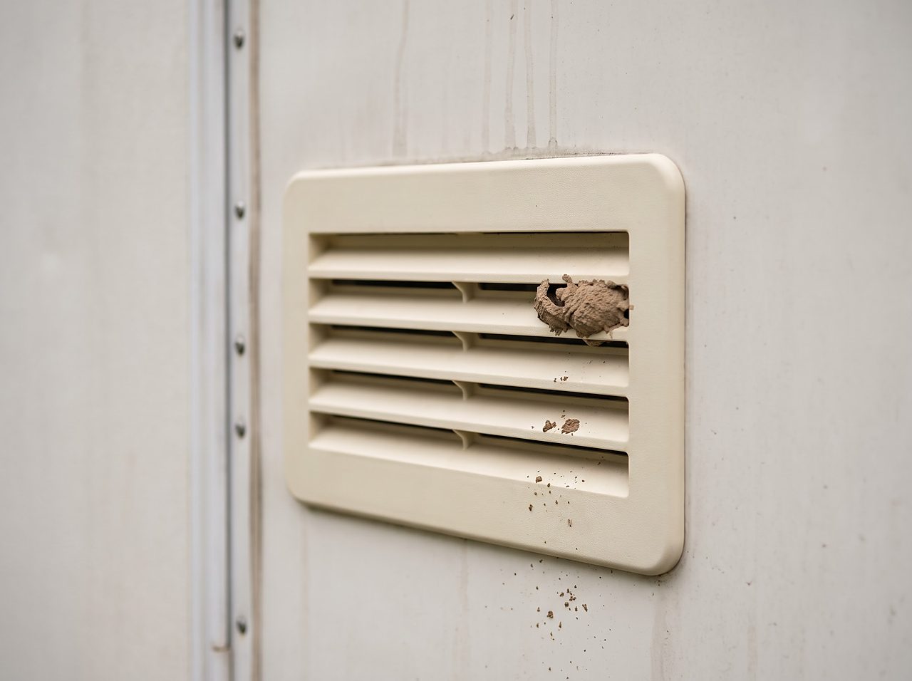 dried wasp mud nest partially blocking an RV exterior furnace vent cover