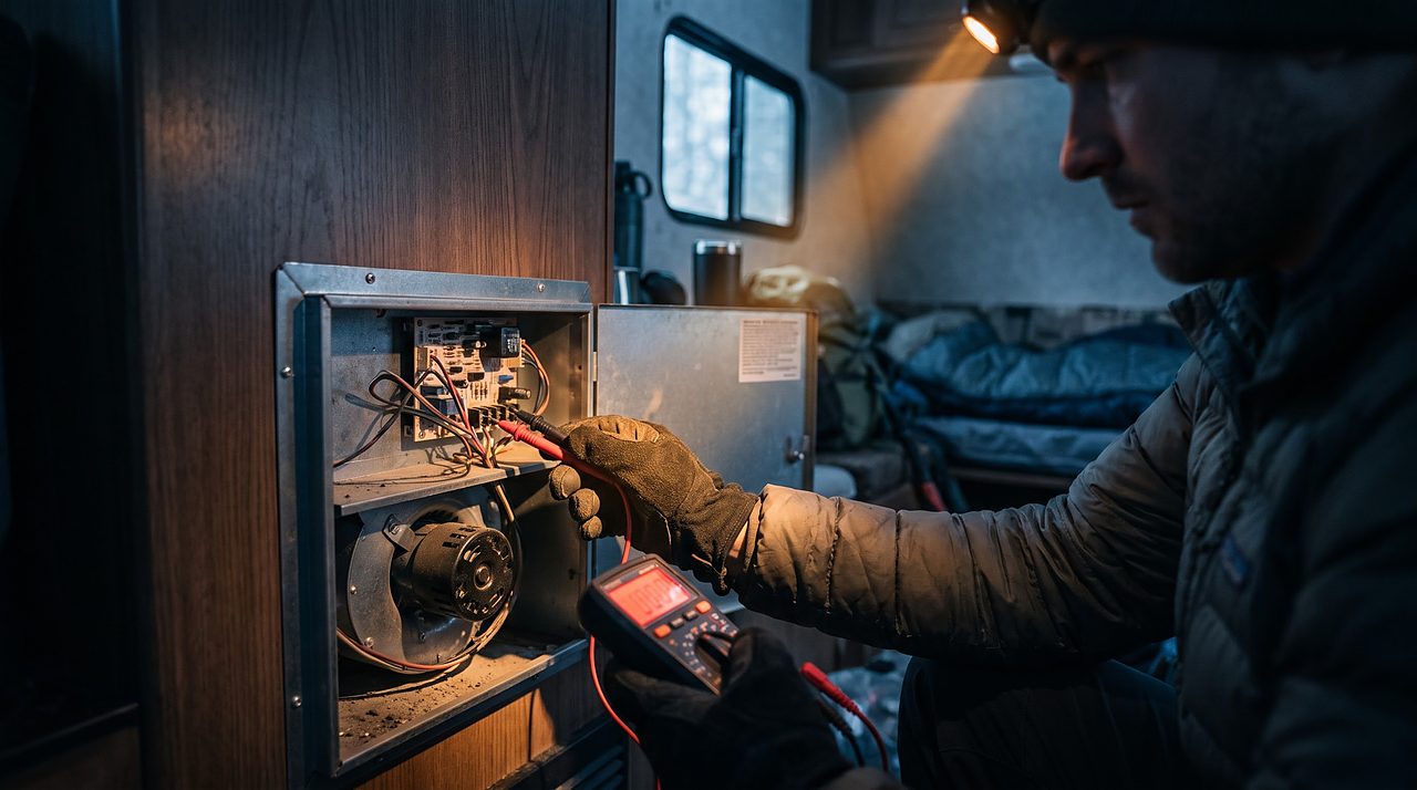 gloved hand testing furnace wiring voltage with a multimeter inside an RV