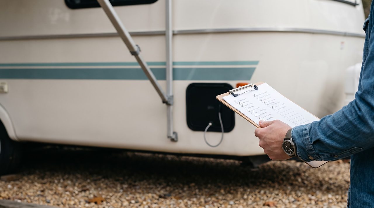 hand holding a printed maintenance checklist in front of a parked travel trailer