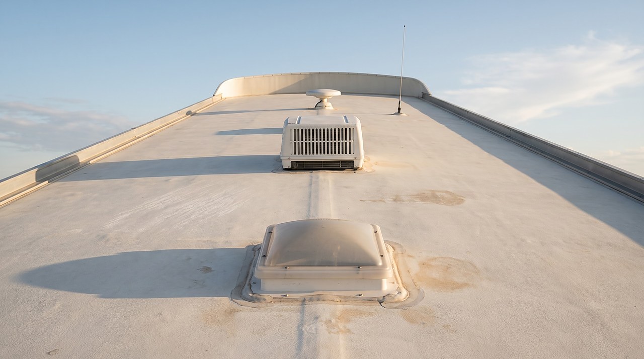 RV rooftop showing vent, air conditioner, antenna and edge trim in a row