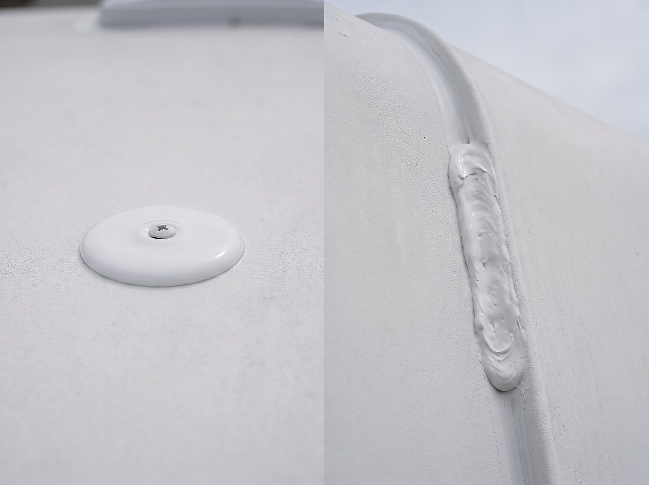 flat-settled sealant bead beside a thicker vertical bead on a roof seam