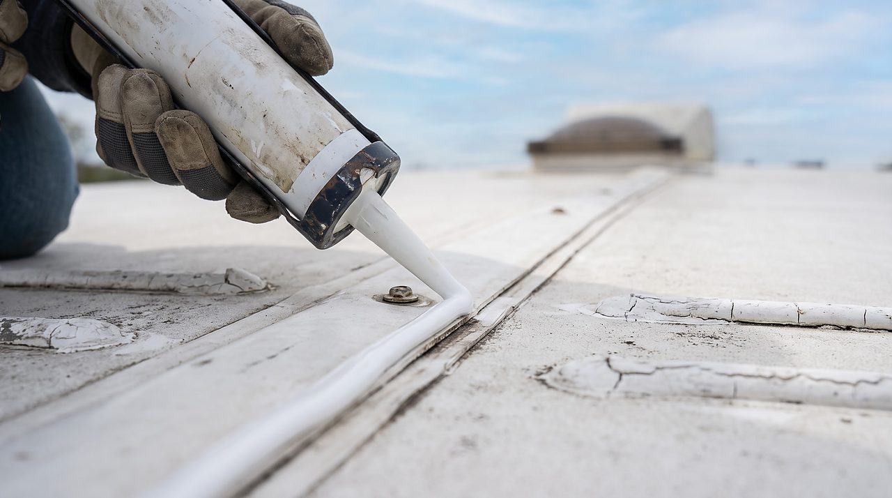 gloved hand applying a fresh bead of roof lap sealant along a seam