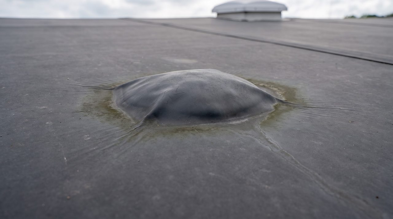 raised bubble in a rubber roof membrane where it has separated from the deck