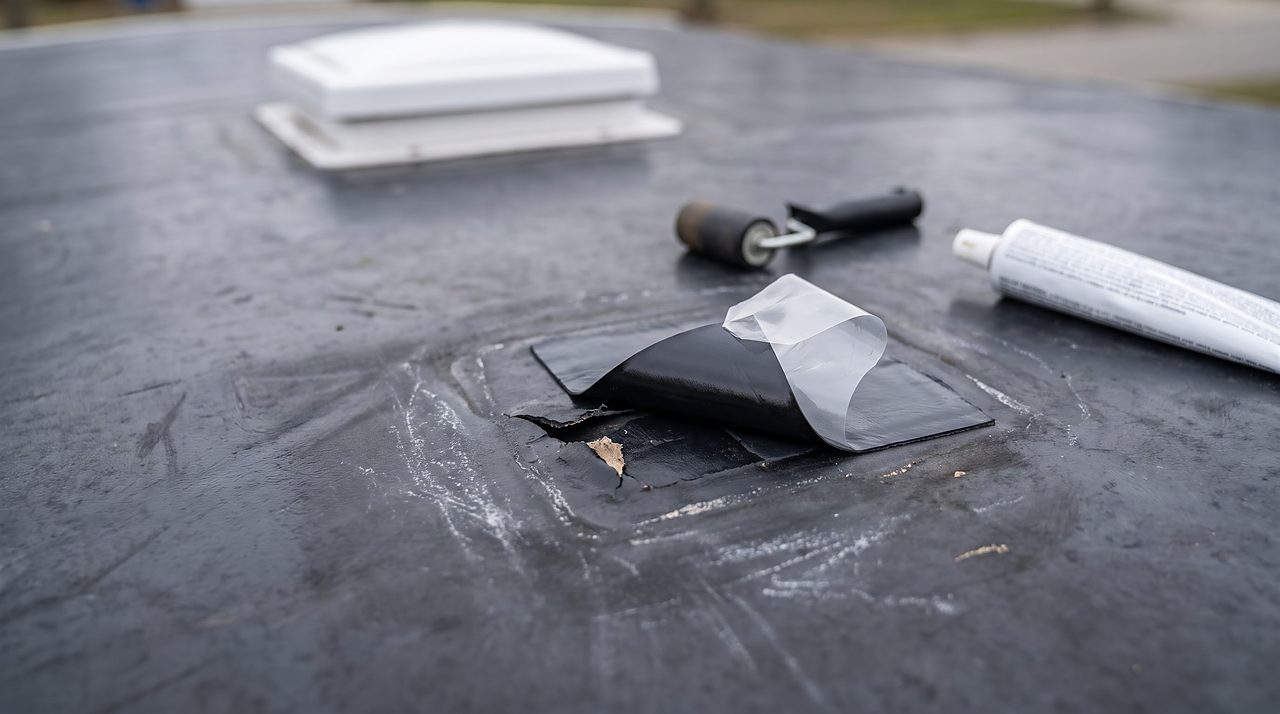 self-adhesive patch being applied over a torn section of rubber roof membrane