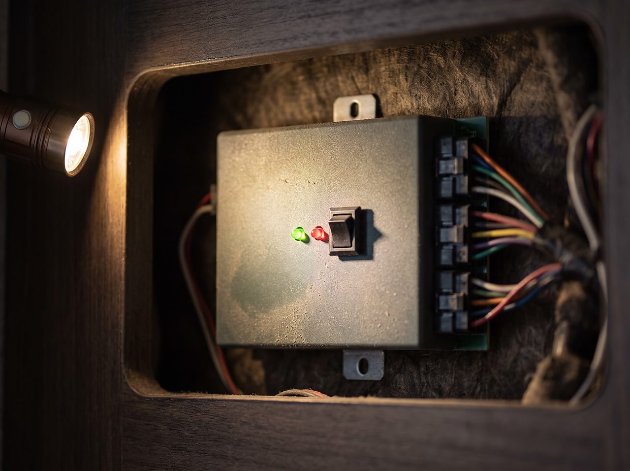 close-up of RV slide control circuit board showing red and green status LED lights