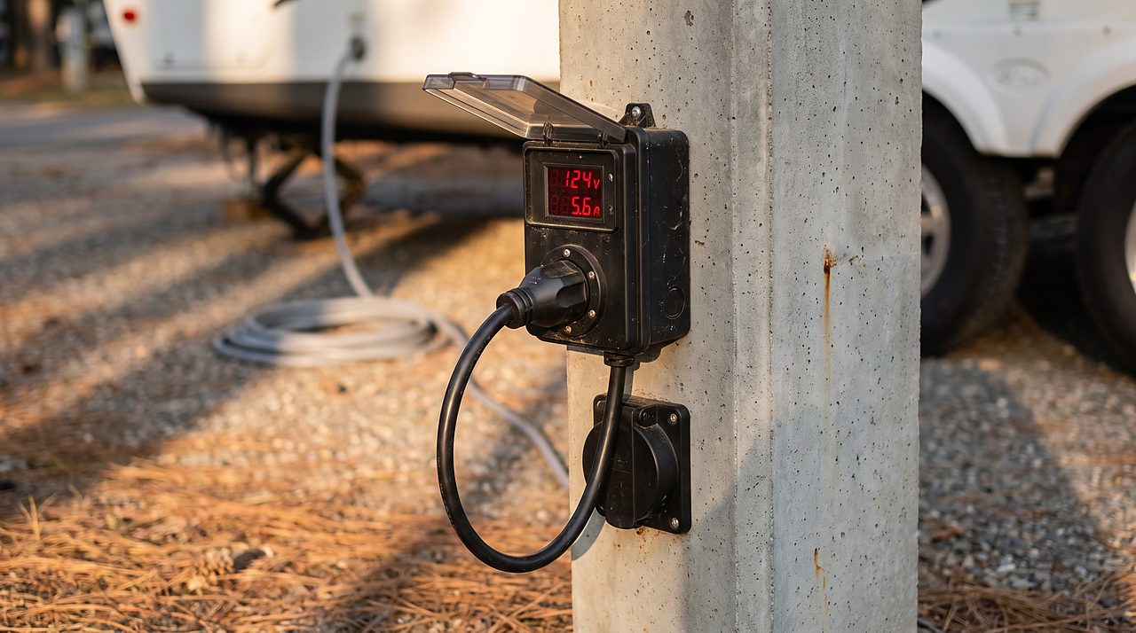 black electrical monitoring box mounted on a campground power pedestal outlet