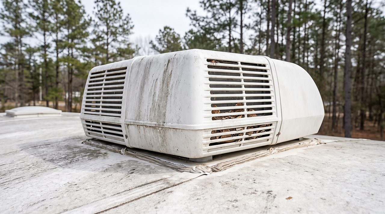 white rooftop air conditioning unit on a travel trailer's rubber roof