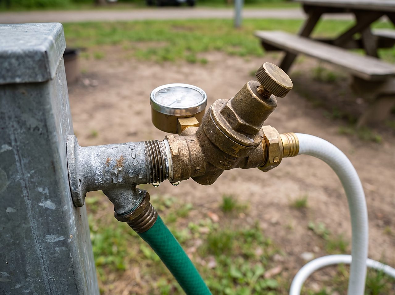 brass water pressure regulator with gauge attached to a campground spigot