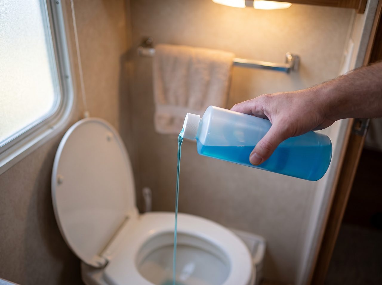 pouring an enzyme probe cleaning solution into an RV toilet bowl