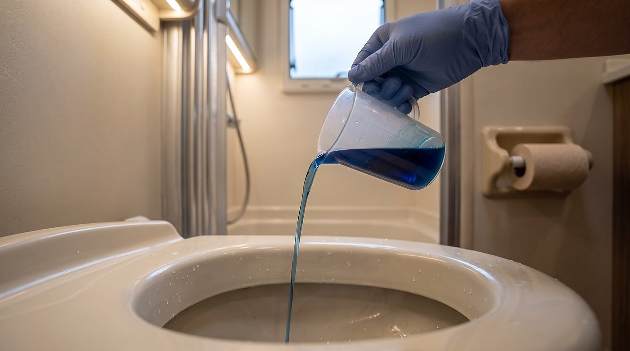 gloved hand pouring measured liquid tank treatment into an RV toilet bowl