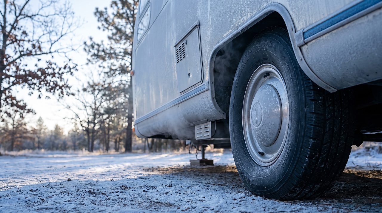 frost coating an RV's lower panel and wheel well on a cold camping morning