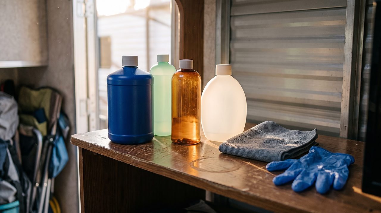 four unlabeled RV tank treatment bottles with different colored liquids on a storage shelf