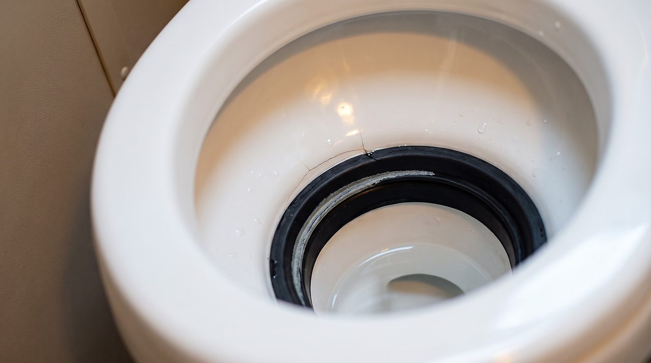 worn rubber toilet seal ring with mineral scale at the base of an RV bowl