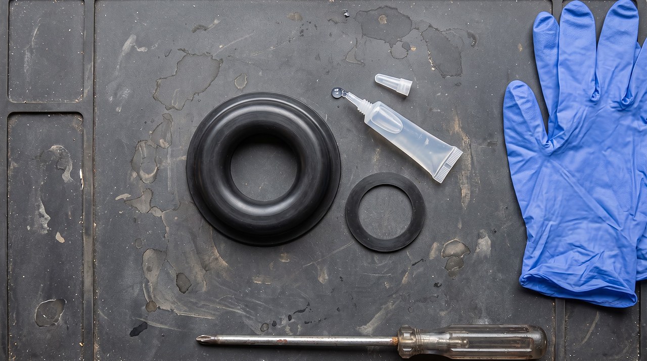 RV toilet seal replacement kit with gloves and lubricant laid out before installation