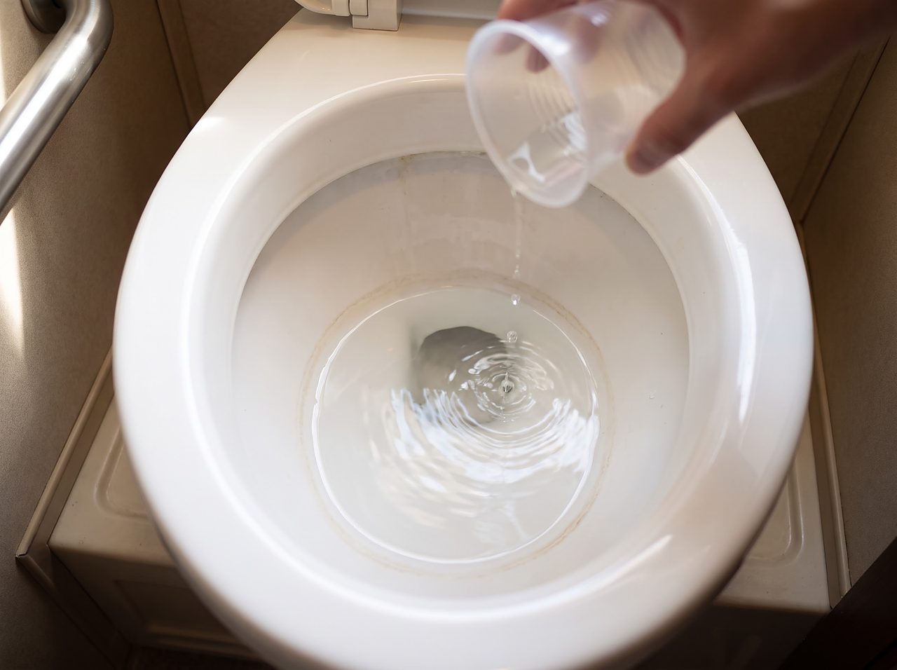 pouring water into an RV toilet bowl to test how fast the seal drains