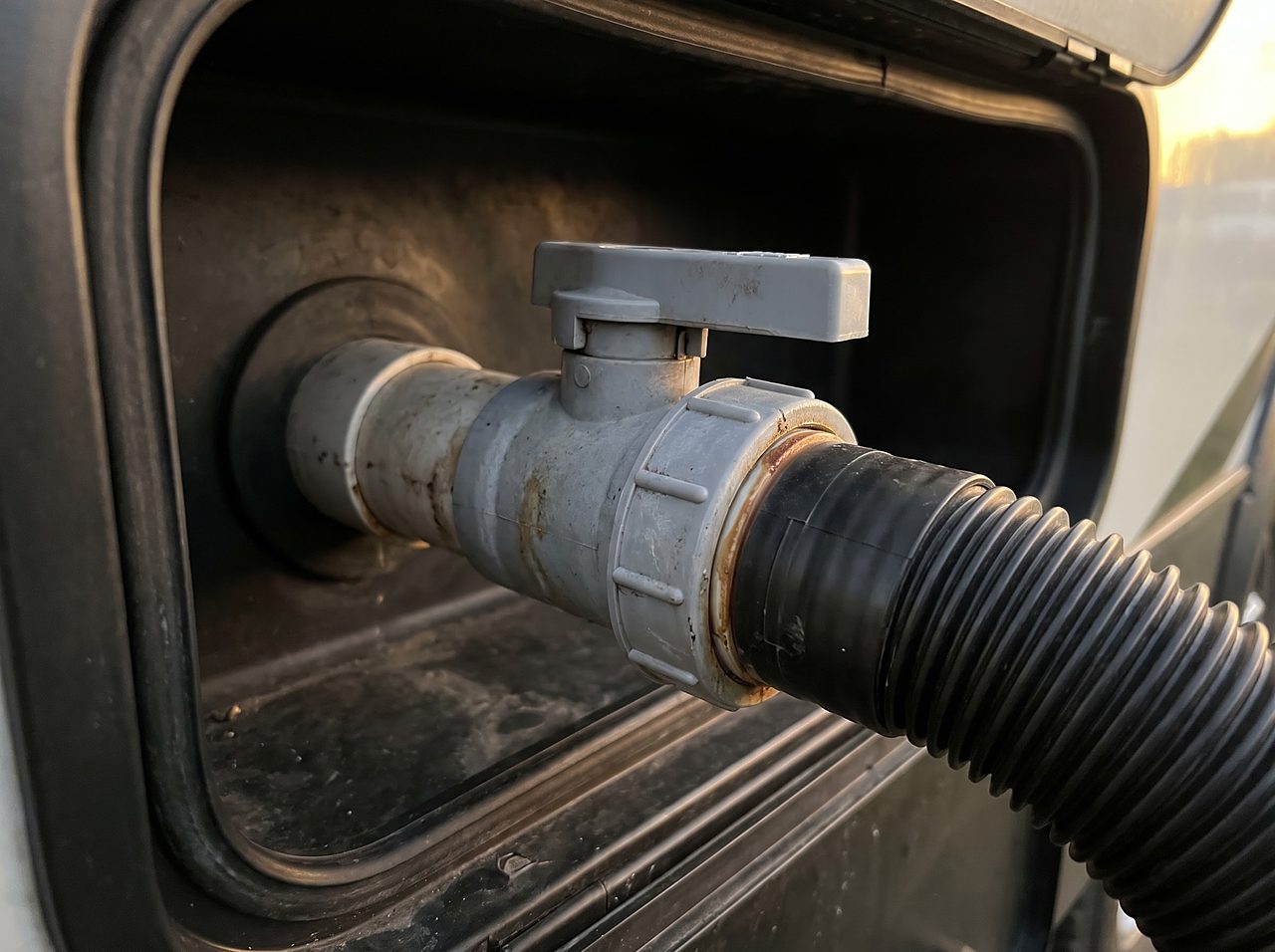 gray exterior tank valve and hose fitting with a faint residue stain