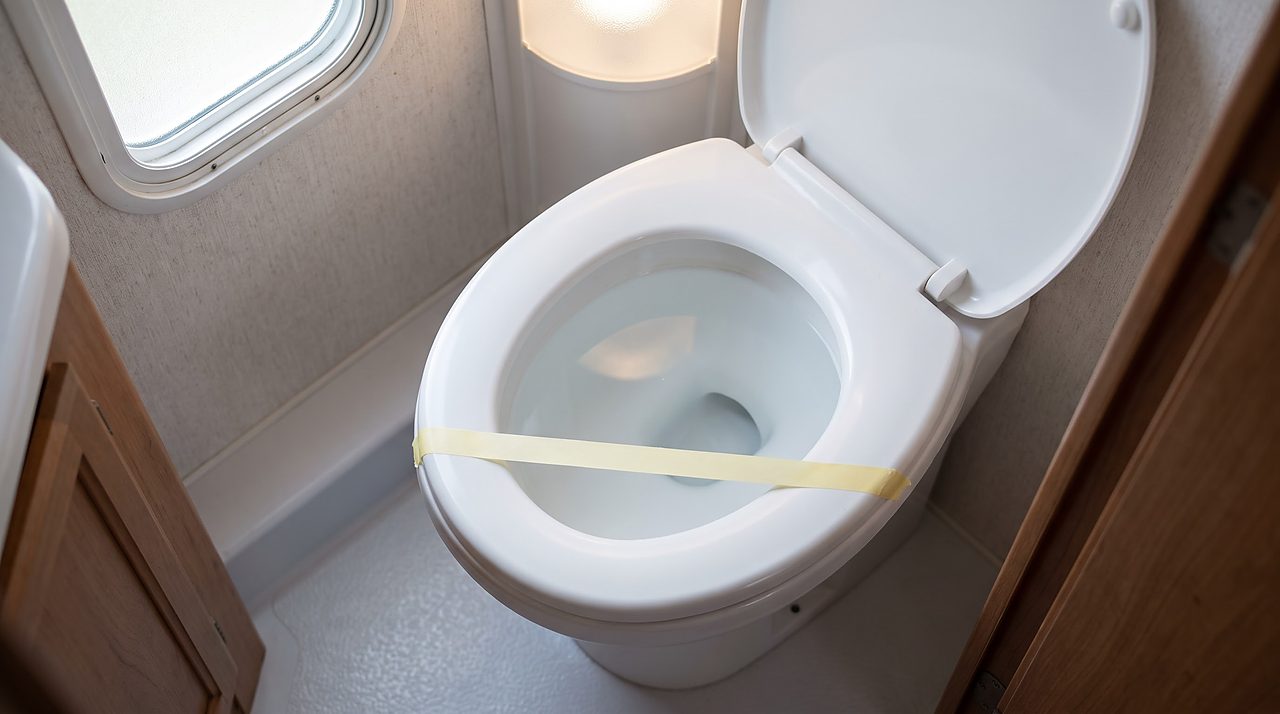 toilet bowl water line marked with tape for a day-over-day leak check