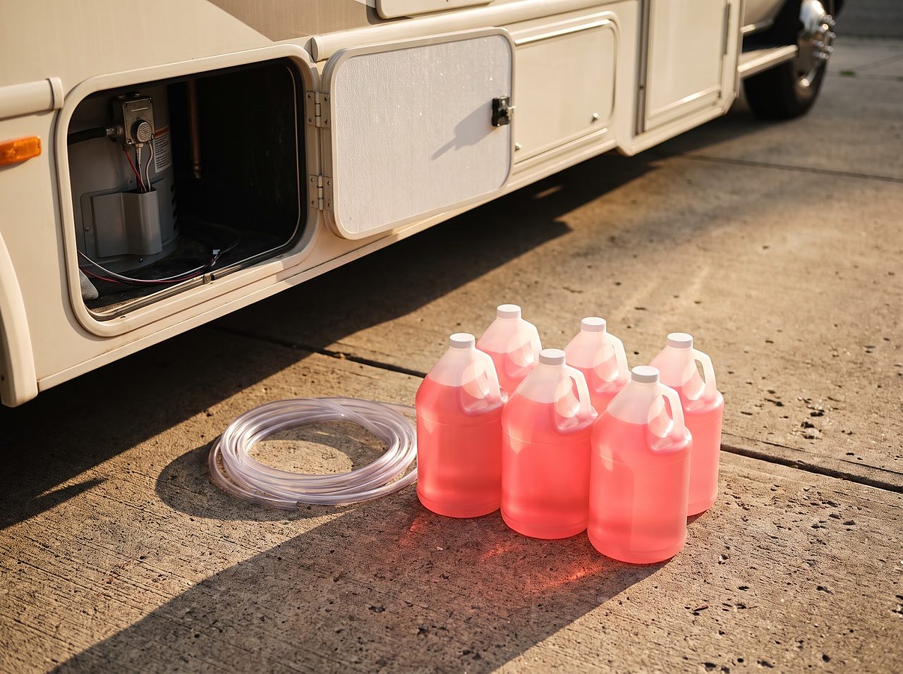 six jugs of pink antifreeze lined up beside an RV's water heater access panel