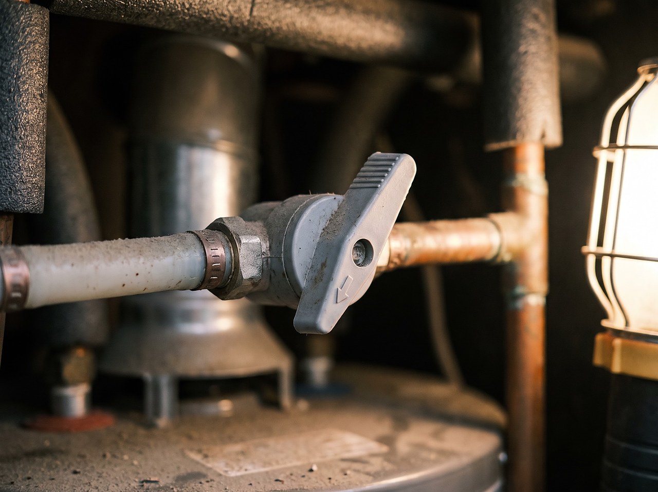 single lever bypass valve set at an angle on an RV water heater's cold inlet