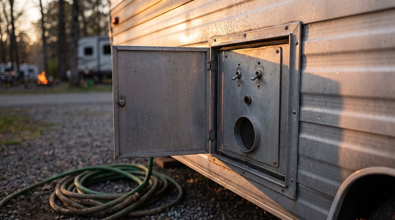 RV water heater exterior access panel with two switches and a dark fault indicator light
