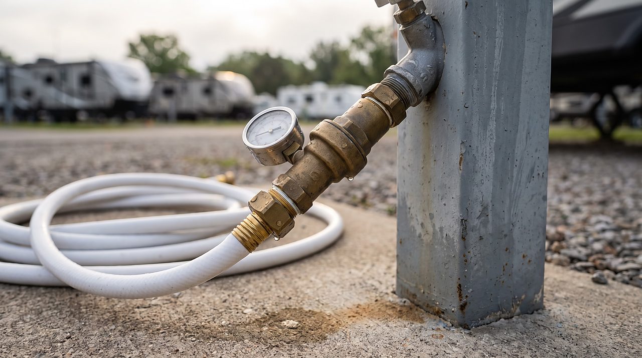 brass water pressure regulator with gauge attached to a campground water spigot