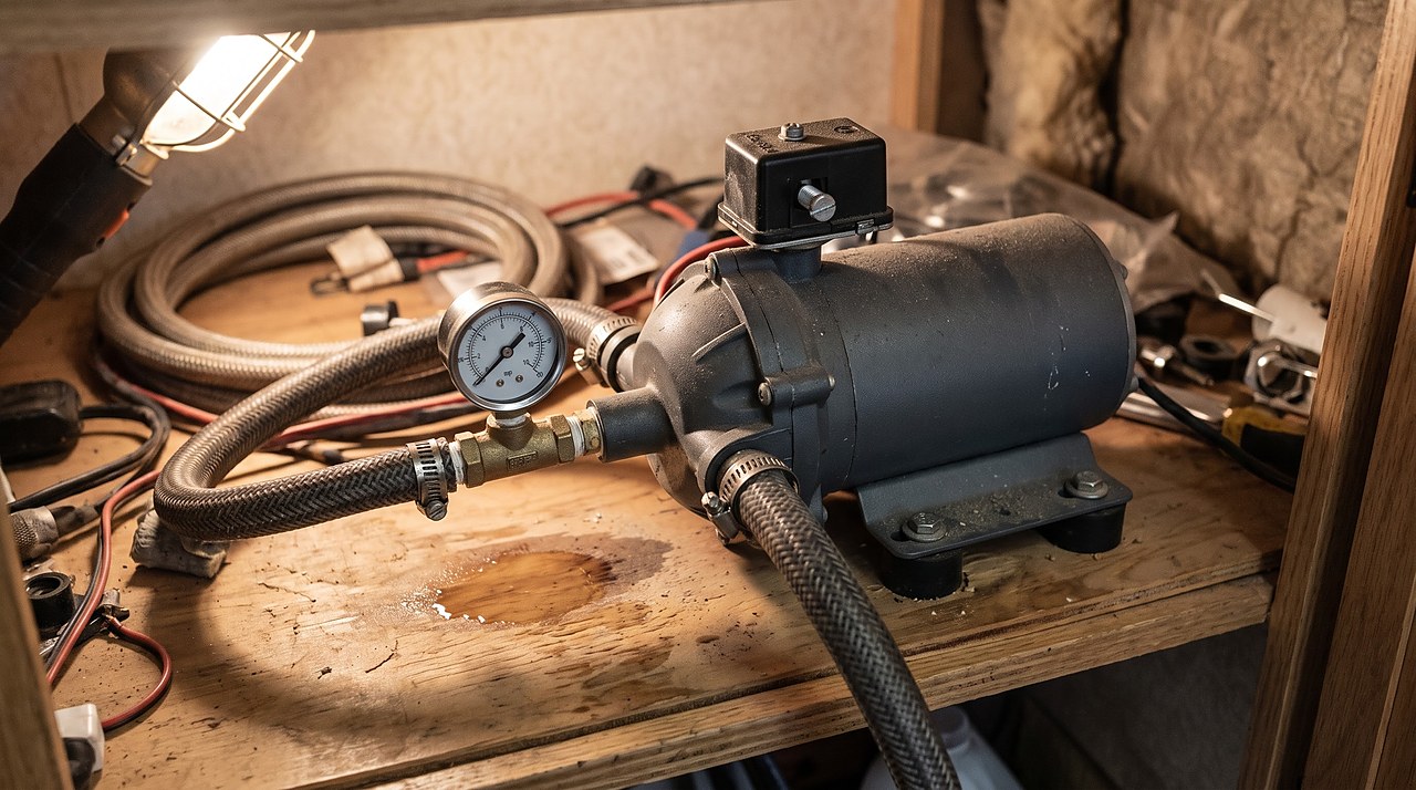 an RV water pump with an inline pressure gauge holding steady while it keeps running