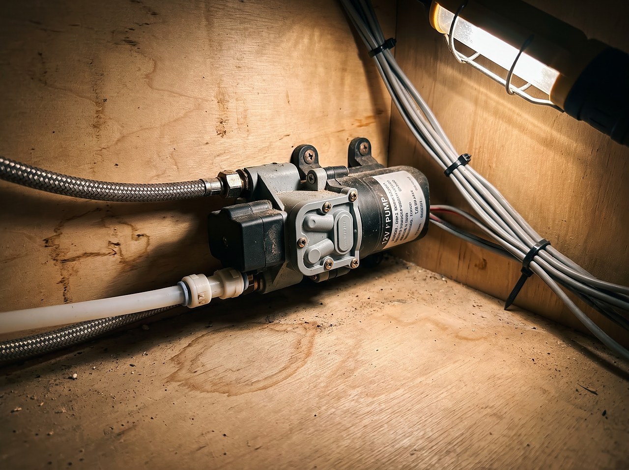compact 12-volt demand water pump mounted inside a low RV cabinet bay