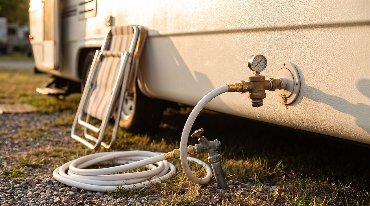 brass inline pressure regulator on a hose connecting a trailer to a campground spigot