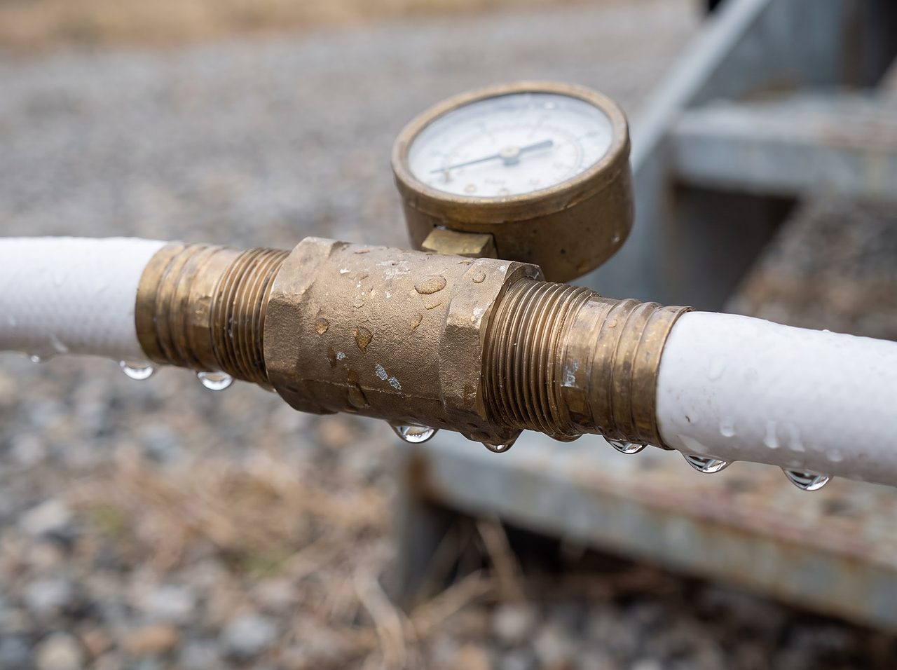 close-up of a brass pressure regulator with gauge threaded onto a water hose